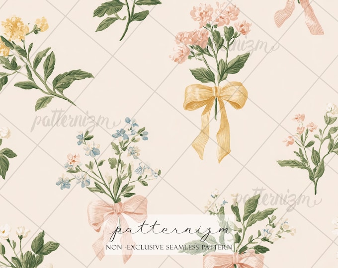 Seamless Vintage Floral Bouquet Pattern Digital Download – Shabby Chic Flower & Ribbon Design, Whimsical Cottagecore Fabric for Crafts