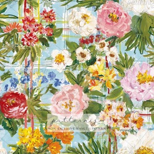 Op de afbeelding: Een bloemenpatroon met roze, rode, gele en witte bloemen op een lichtblauwe achtergrond met een raster. Het ontwerp bevat de tekst "patternizm" en "NON-EXCLUSIVE SEAMLESS PATTERN".