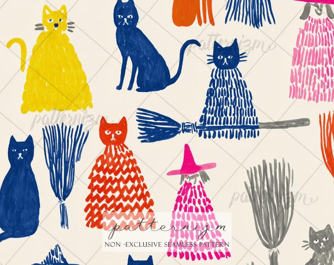 Whimsical Cat & Witch Seamless Pattern – Playful Halloween Feline Design, Spooky Repeat