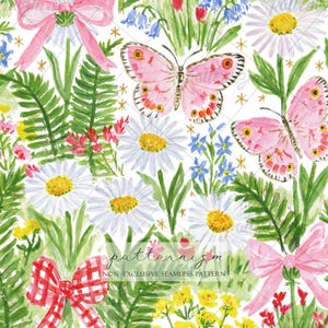 May include: A seamless pattern featuring watercolor illustrations of pink butterflies, white daisies, blue bellflowers, green ferns, and yellow wildflowers. The design includes pink ribbons and red gingham bows, accented with small gold star shapes on a white background.