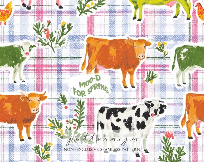 Seamless Cow Pattern Digital Download – Cottagecore Calf Animal Print with Spring Flowers, Plaid Background, Moo-d for Spring Design