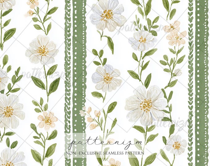 Seamless Green Stripe Floral Pattern Digital Download – Elegant Botanical Blossom Design, Soft Cottage Garden Printable