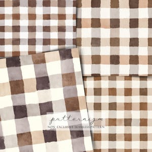 Könnte beinhalten: Vier nahtlose Muster im Aquarellstil mit einem braunen und cremefarbenen Vichy-Design. Die Muster haben einen handgemalten Look mit weichen Kanten und verschiedenen Brauntönen. Der Text "patternizm" und "NON-EXCLUSIVE SEAMLESS PATTERN" ist sichtbar.