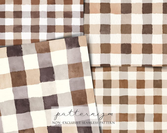 Watercolor Neutral Gingham Pattern Set – Cozy Brown Beige Checkered Designs, Rustic Farmhouse Seamless Patterns