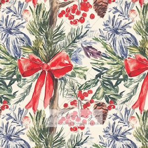 May include: Watercolor seamless pattern featuring festive holiday elements. The design includes red bows, berries, pine cones, and evergreen branches in shades of green, blue, and red. The background is a cream color. The text "patternizm" and "NON-EXCLUSIVE SEAMLESS PATTERN" is at the bottom.