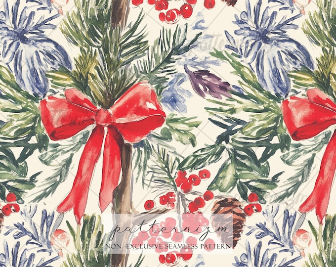 Seamless Vintage Christmas Botanical Pattern Digital Download – Pine Branches, Red Bows & Berries Design, Classic Holiday Fabric