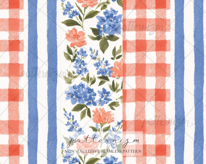 Seamless Patriotic Floral Pattern Digital Download – 4th of July Americana Gingham & Stripe Blue Wildflower Design, Cottagecore Fabric