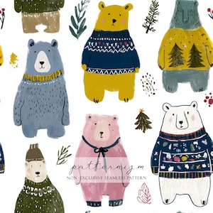 Peut inclure: Motif répété de motifs d'ours illustrés dans différentes couleurs, chacun portant un pull. Les ours sont dans des tons de jaune, de bleu, de rose et de blanc, avec des détails comme un pull bleu marine avec un motif blanc. Le motif comprend des feuilles décoratives et un sapin de Noël.