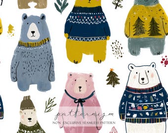 May include: Seamless pattern featuring illustrated bears in various colors, each wearing a sweater. The bears are in shades of yellow, blue, pink, and white, with details like a navy blue sweater with a white pattern. The pattern includes decorative leaves and a Christmas tree.