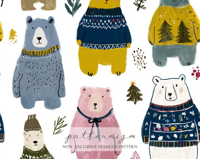 Christmas Bear Plaid Seamless Pattern – Cute Teddy in Sweater on Tartan Background Digital Paper for Holiday Crafts