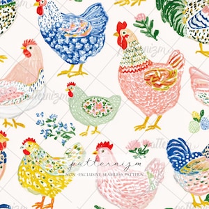 May include: A seamless pattern featuring watercolor illustrations of chickens in various colors, including blue, pink, yellow, and green. The chickens have red combs and are set against a white background with floral accents. The text "patternizm" and "NON - EXCLUSIVE SEAMLESS PATTERN" are also visible.