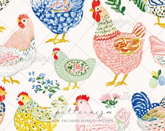 "Nahtlose Hühner Muster als ""Download"" - bunte Hennen und Hähne, Cottagecore Stoffdruck auf dem Bauernhof."
