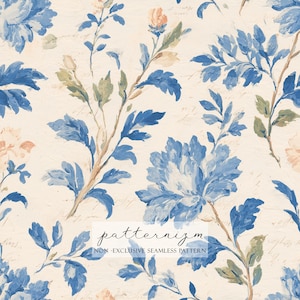 Könnte beinhalten: Nahtloses Blumenmuster mit blauen und pfirsichfarbenen Blumen und grünen Blättern auf cremefarbenem Hintergrund. Das Design enthält den Text "patternizm" und "NON-EXCLUSIVE SEAMLESS PATTERN".