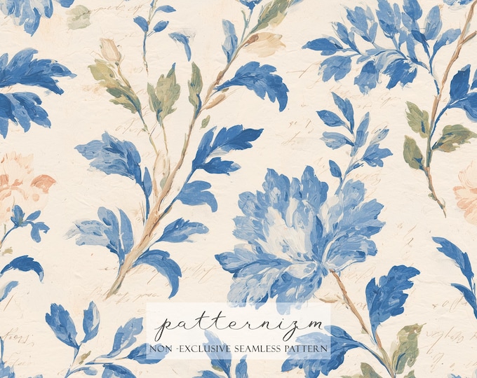 Seamless Blue Floral Pattern Digital Download – Vintage Botanical Watercolor Repeat, Elegant Printable Fabric Design