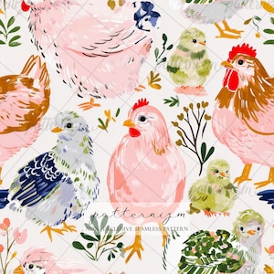 Poulets lumineux, motif transparent, poules de ferme, répétition du papier, papier peint, cottagecore, tendance, tendance actuelle