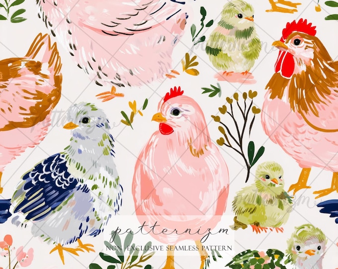 Bright Chickens Seamless Pattern Background, Farmhouse Hens Repeating Paper, Wallpaper, Cottagecore, Trendy, Trending Now