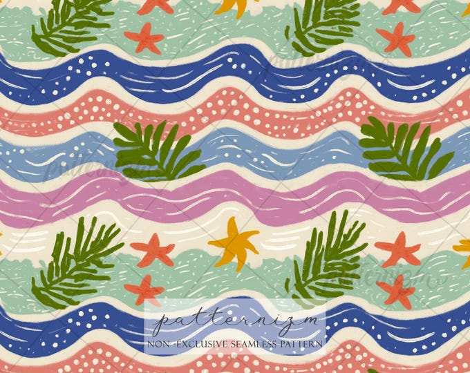 Seamless Tropical Wave Pattern Digital Download – Coastal Palm & Starfish Design, Summer Beach Print, Colorful Fabric