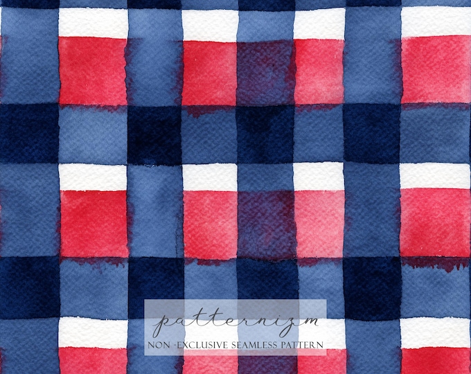 Patriotic Watercolor Plaid Seamless Pattern Digital Paper – Red Blue White Checkered Design, 4OJ, 4th of July, America, USA, Independence