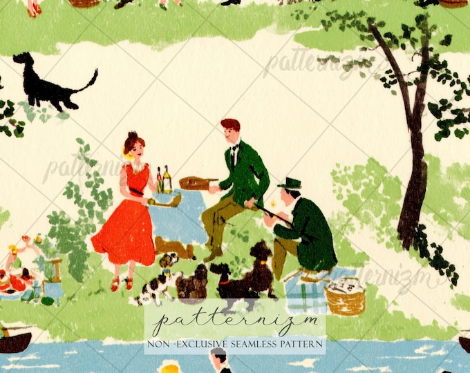 Vintage Hunting Picnic Seamless Pattern Digital Download – Countryside Dog Scene, Elegant Garden Party Print, Cottagecore Fabric Design