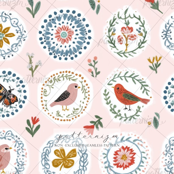 Seamless Folk Art Bird Pattern Digital Download – Cute Scandinavian Floral Medallion Design, Whimsical Birds & Butterflies, Nursery Fabric