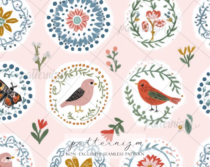 Seamless Folk Art Bird Pattern Digital Download – Cute Scandinavian Floral Medallion Design, Whimsical Birds & Butterflies, Nursery Fabric