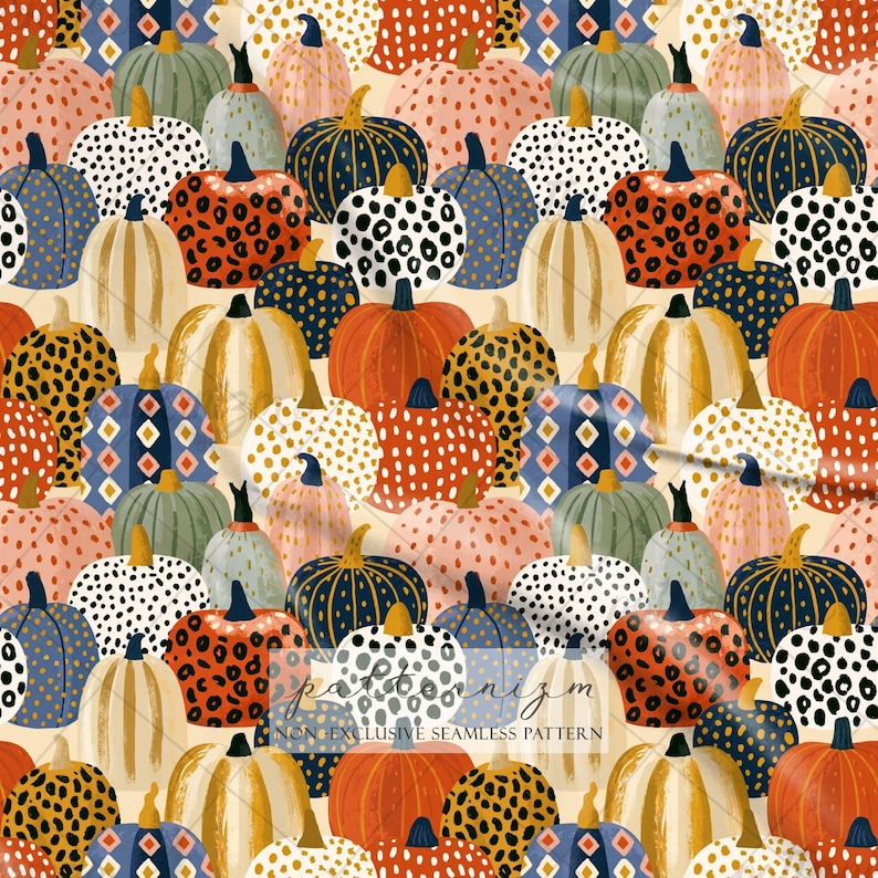 Colorful Pumpkin Seamless Pattern Digital Download – Modern Halloween Gourds Print, Fall Harvest Fabric Design imagen 2