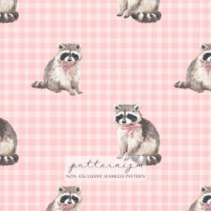 May include: A seamless pattern featuring watercolor illustrations of raccoons with pink bows on a pink gingham background. The raccoons are gray and white with black markings. The text "patternizm" is at the bottom.