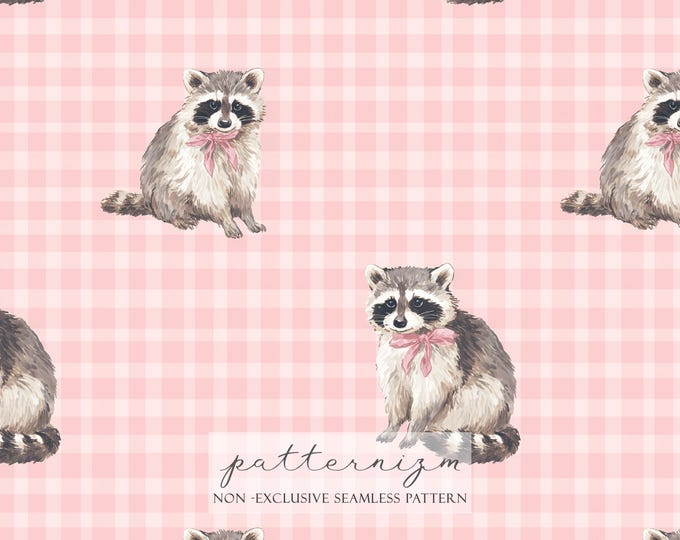 Seamless Raccoon Gingham Pattern Digital Download – Pink Check Animal Repeat Design, Cute Printable Fabric for Kids