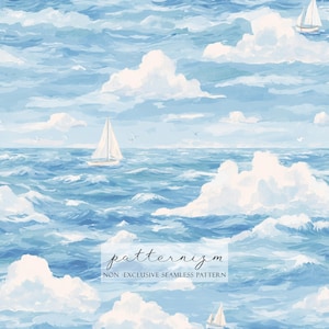 Op de afbeelding: Een naadloos patroon met een aquarel schilderij van een zeegezicht. De afbeelding toont een blauwe oceaan met witgekapte golven, pluizige witte wolken en verschillende zeilboten. De tekst "patternizm" en "NON - EXCLUSIVE SEAMLESS PATTERN" zijn zichtbaar.