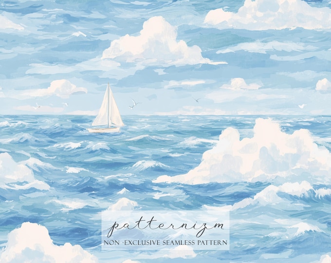 Watercolor Ocean Pattern Digital Paper – Blue Sea Waves with Sailboats and Clouds, Seamless Nautical Design for Fabric
