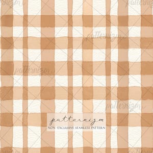 May include: A watercolour plaid pattern in beige, tan, and white. The design features a grid of intersecting vertical and horizontal brushstrokes, creating a gingham or buffalo check appearance. The text "patternizm" and "NON-EXCLUSIVE SEAMLESS PATTERN" are visible.