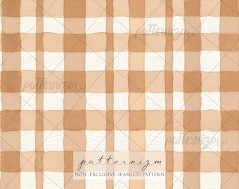 Seamless Tan Gingham Pattern Digital Download – Watercolor Beige Checkered Design, Neutral Plaid Fabric, Whimsical Rustic Print for Crafts