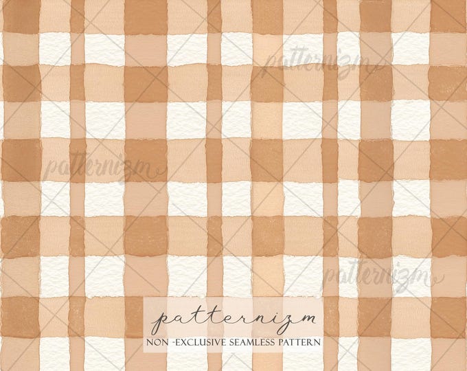 Seamless Tan Gingham Pattern Digital Download – Watercolor Beige Checkered Design, Neutral Plaid Fabric, Whimsical Rustic Print for Crafts