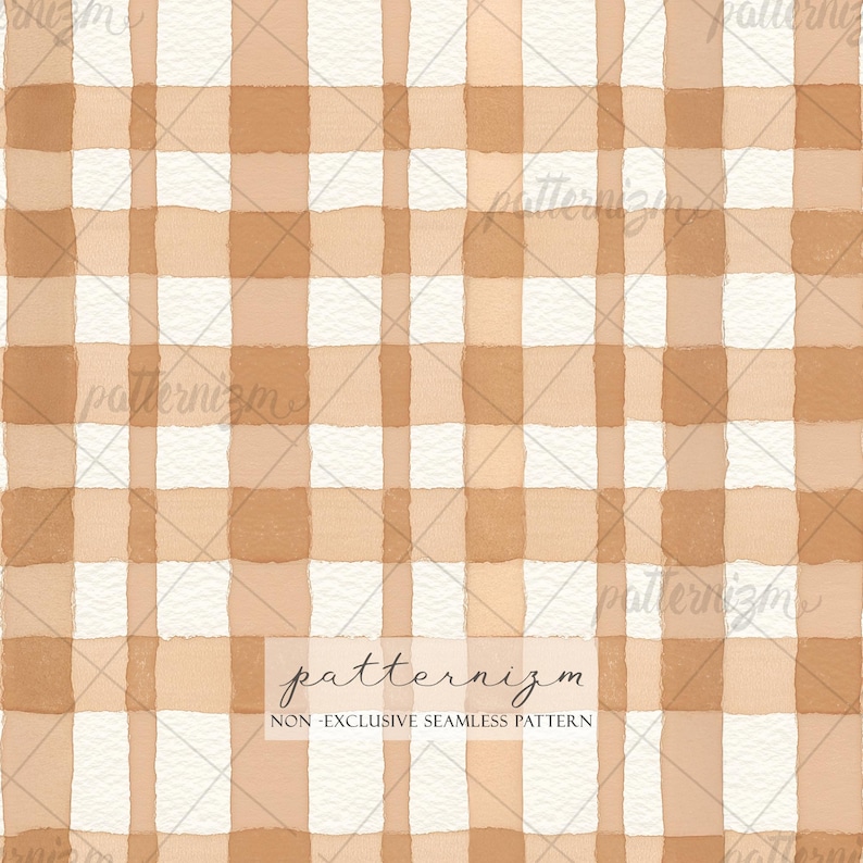 May include: A watercolour plaid pattern in beige, tan, and white. The design features a grid of intersecting vertical and horizontal brushstrokes, creating a gingham or buffalo check appearance. The text "patternizm" and "NON-EXCLUSIVE SEAMLESS PATTERN" are visible.