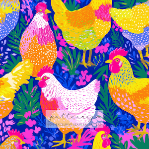 May include: A vibrant, seamless pattern featuring colorful chickens in shades of yellow, orange, pink, and white against a deep blue background. The design includes floral and foliage elements, with the text "patternizm" and "NON EXCLUSIVE SEAMLESS PATTERN".