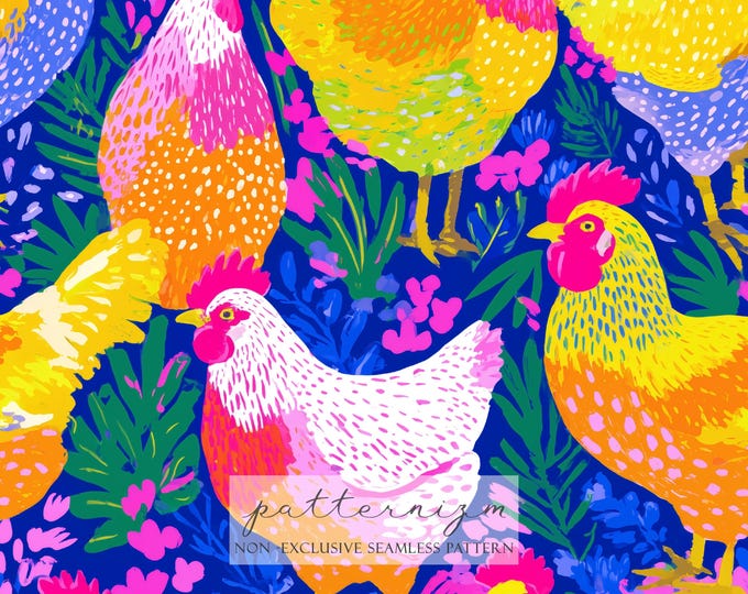 Colorful Chicken Seamless Pattern Digital Paper – Bright Farm Bird Repeat Design