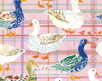 Seamless Cute Duck Pattern Digital Download – Whimsical Plaid Duck Design, Cottagecore Farm Animal Print, Kids Fabric