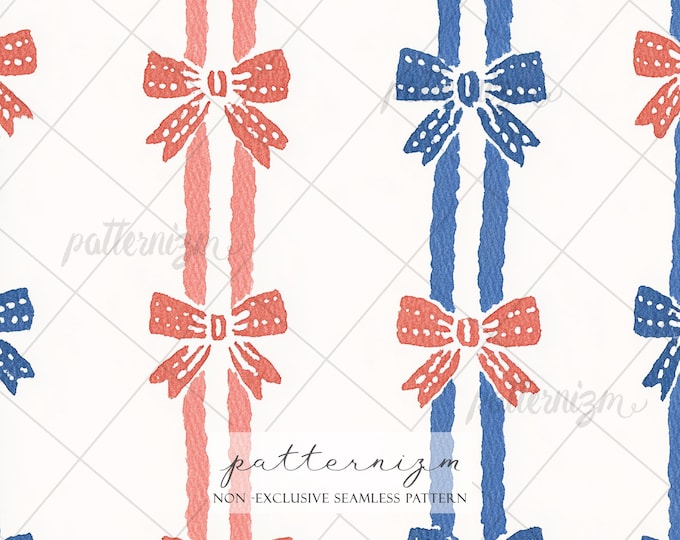 Seamless Ribbon Bow Pattern Digital Download – Red & Blue Painted Stripes, Cute Coquette Gift Wrap Design, Preppy Printable
