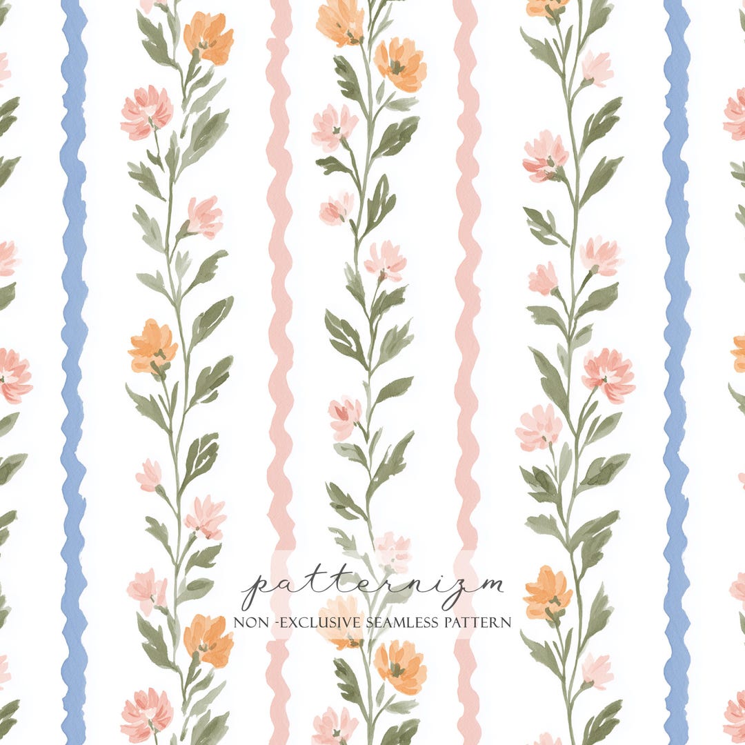 Watercolor Floral Stripe Seamless Pattern, Pink Peach Wildflowers With ...