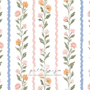 May include: A seamless floral pattern featuring vertical rows of peach and pink watercolor flowers, interspersed with wavy pink and blue stripes on a white backdrop. The text "patternizm" and "NON - EXCLUSIVE SEAMLESS PATTERN" are at the bottom.