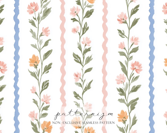 Watercolor Floral Stripe Seamless Pattern, Pink Peach Wildflowers with Wavy Lines, Spring Cottagecore Repeat Design
