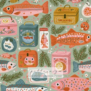 May include: A seamless pattern featuring orange and pink trout, green pine branches, and various containers including a blue Fishing Lodge tin, a pink Lake Snacks box, and a yellow tackle box on a sage green background with small white flowers.