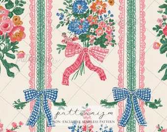 Coquette Floral Seamless Pattern – Vintage Ribbon Bow Bouquet Stripe, Cottagecore Pink Blue Flower Fabric Design