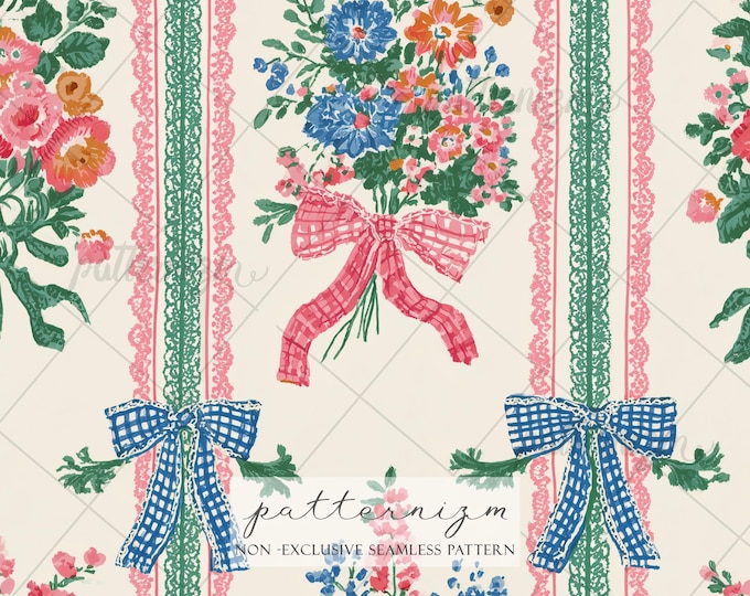 Coquette Floral Seamless Pattern – Vintage Ribbon Bow Bouquet Stripe, Cottagecore Pink Blue Flower Fabric Design