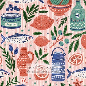 May include: A seamless pattern on a light pink striped background featuring illustrations of blue fish, red citrus fruits, green olive branches, blue and red ceramic jugs, a teal bottle, and a blue tin can with a textured, hand-drawn aesthetic.