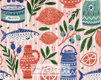 Mediterranean Coastal Seamless Pattern Digital Download – Sardine, Lemon & Olive Folk Art Kitchen Fabric Print