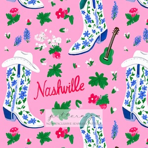 May include: A seamless pattern on a pink background featuring white cowboy boots with blue floral designs, a green guitar, and the word "Nashville" in pink script. The pattern also includes red and blue flowers and green leaves.