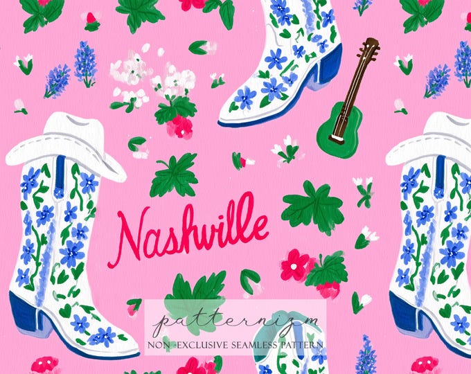 Nashville Cowboy Boot Seamless Pattern - Floral Boots with Guitar, Hat, Pink Western Digital Paper for Crafts & Fabric