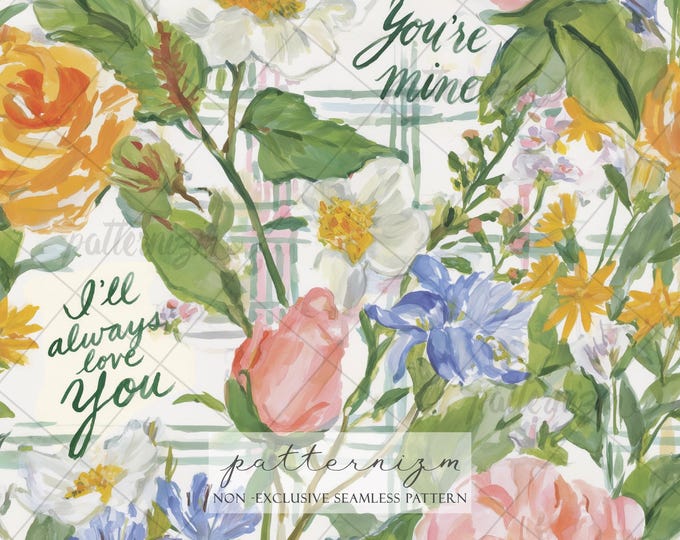 Seamless Romantic Rose Pattern Digital Download – Painterly Floral & Love Quote Design, Whimsical Shabby Chic Fabric for Crafts and Gifts