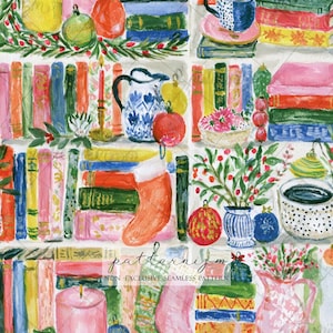 May include: A watercolor illustration featuring a festive bookshelf pattern with colorful books, a blue and white pitcher, a red stocking, holiday ornaments, candles, and floral arrangements. The design includes various shades of red, green, blue, and yellow.